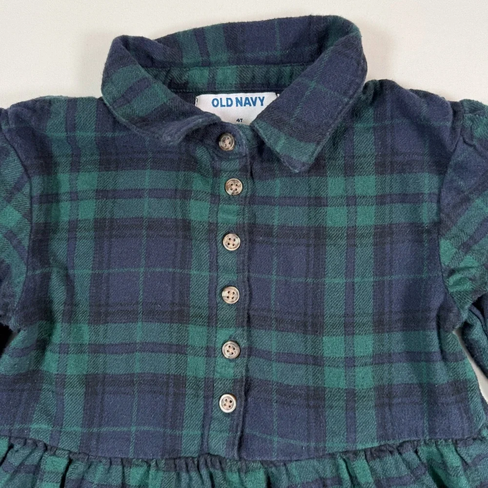 OLD NAVY Girls Plaid Flannel Tiered Dress 4T Green Navy Blackwatch Preppy Fall